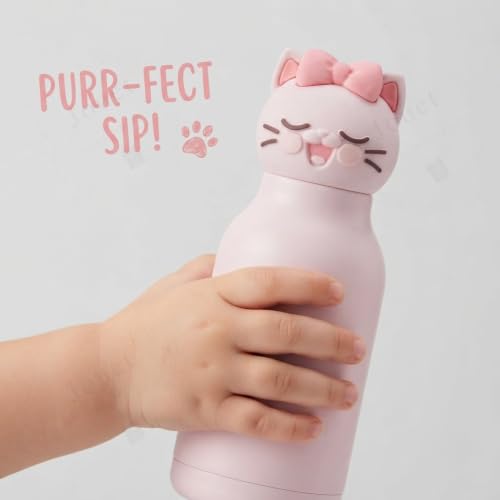 Image of JOUET Kids Water Bottle 450ml, Stainless Steel Leakproof Bottle with Cute Cat Character Lid, Reusable School Water Bottle for Boys & Girls