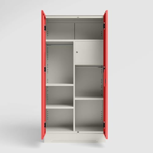 Image of Interio by Godrej Almirah Slimline 2-Door Steel Almirah, Cupboard for Clothes (Alpine White and Hot Coral Matte), 1-Year Warranty, 1 Locker, 4 Shelves