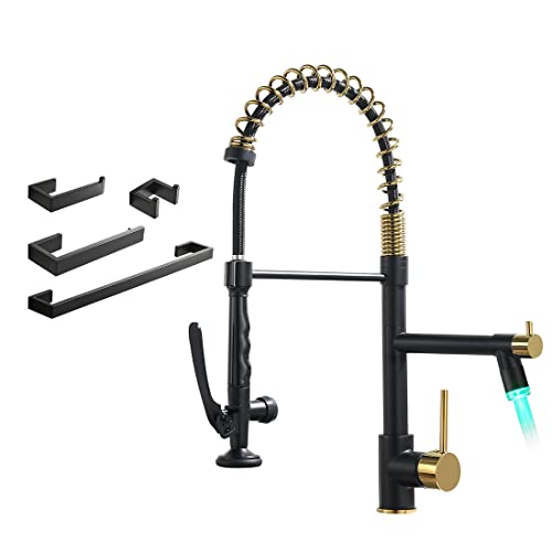Fapully Led Kitchen Faucet With Pull Down Sprayer,Black&Gold Commercial Kitchen Faucet For Kitchen Sink With Bahroom Faucet #TOP17