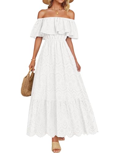 ZESICA Women's 2025 Summer Off Shoulder Ruffle Midi Dress Short Sleeve High Waist Hollow Out Embroidery Party Dresses
