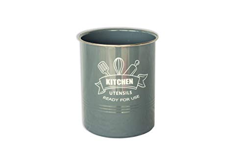 Kitchen Utensil Holder, Grey with Stainless Steel Rim - Large, Vintage Utensil Crock