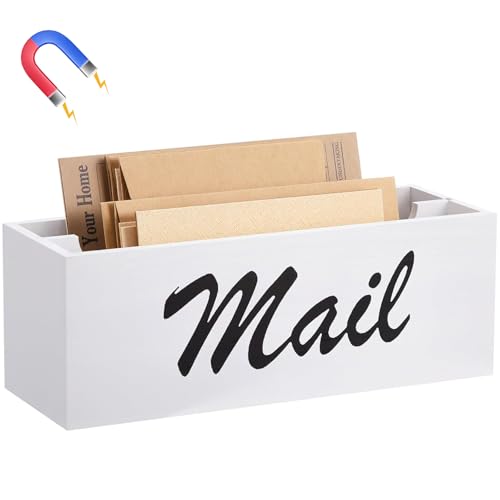 Colingmill Magnetic Mail Organizer Farmhouse Rustic Mail Holder for Fridge Wood Paper Basket Letter Envelope File Storage Box with 2 Slot for Home Office Metal Cabinet Wall Desk Countertop(White)