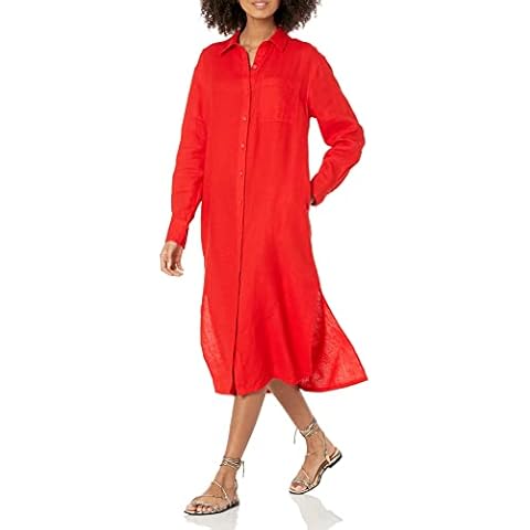 The Drop Vestido camisero midi Fiona en lino rojo fuego Cover