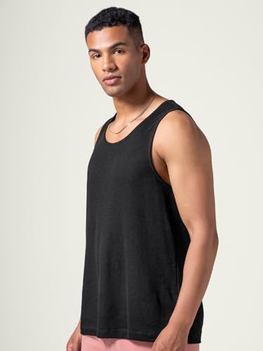 Image of DAMENSCH Relaxed Fit Cotton Rich Blend Waffle Texture Anti- Bacterial Super Premium Solid Tank Top Gym T Shirts for Men Pack of 1