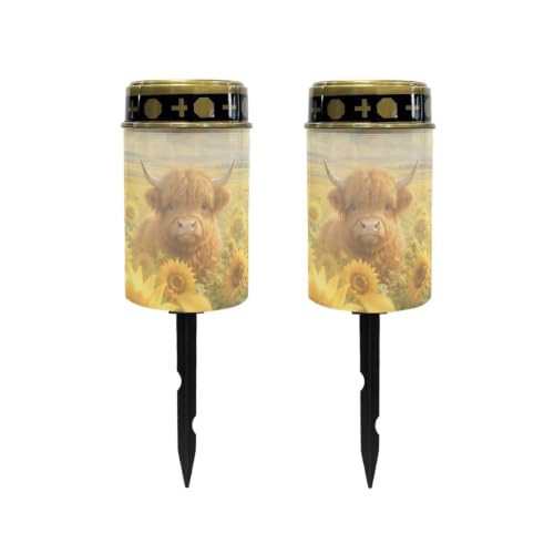 Image of Poceacles Outdoor Lights Solar Grave Candle Solar Cemetery Candles LED Automatic Outdoor Flameless Cemetery Lights for Loss of Dad, Sunflower Highland Cow, Set of 2
