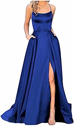 Cocktailkleid Damen Ballkleider Damen Off Shoulder Lang Kleider mit Schlitz Elegant A-Linie Criss-Cross Satin Spaghetti Strap Party Prom Abendkleider Partykleid Hochzeit Brautkleid Festkleider Cover