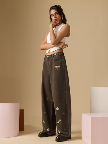 Image of The Souled Store: Barrel-Fit Denim: Women and Girls Washed Cotton Twill Barrel Fit Lightweight Adjustable Rise Everyday Casual Denim Jeans
