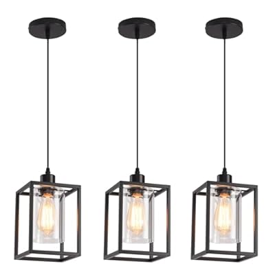 AOJUNSANSAN 3 Pack Black Pendant Lights for Kitchen Island Industrial Lantern Pendant Light Fixtures with Clear Glass Shade, Farmhouse Adjustable Height Hanging Pendant Lighting for Dining Room