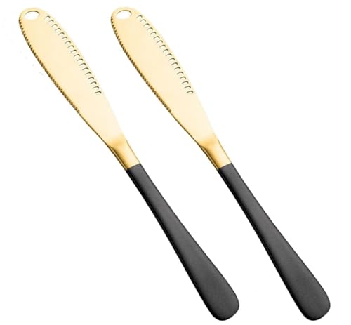 Image of Butter Spreader Knife, Stainless Steel, 3 in 1 Kitchen Gadgets, Curler, Butter Grater, Shredding Slots and with Serrated Edge Knife with Hole (Gold-Black, Set of 2)