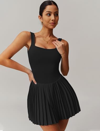 Womens Tennis Golf Dress with Built-in Bra Shorts Backless Square Neck Pleated Hem Athletic Dresses with Pockets2