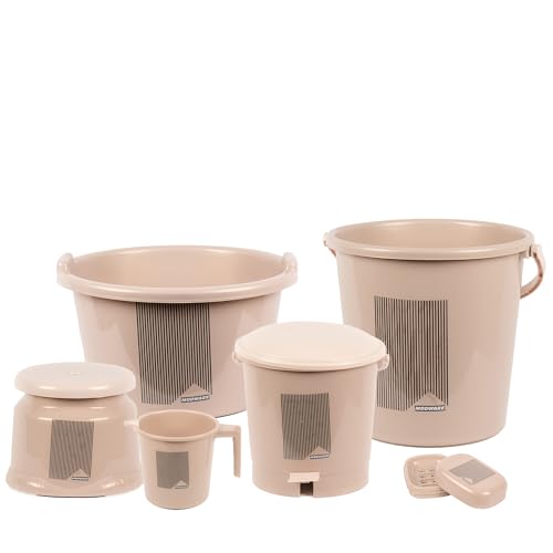 Image of Modware 6 Piece Bathroom Set, Tub, Bucket, Mug, Soap Case, Stool, Pedal Dustbin (Brown)