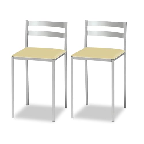 ASTIMESA 2 Taburetes de Cocina con Respaldo bajo, Franjas horizontales y Asiento tapizado - Estructura Color Aluminio - Asiento en Polipiel beig