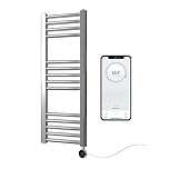 Greened House Chrome Electric Smart WiFi Controlled Heated Towel Rail Flat 7 Day Programmable Timer App Compatibility (300mm W x 800mm H)