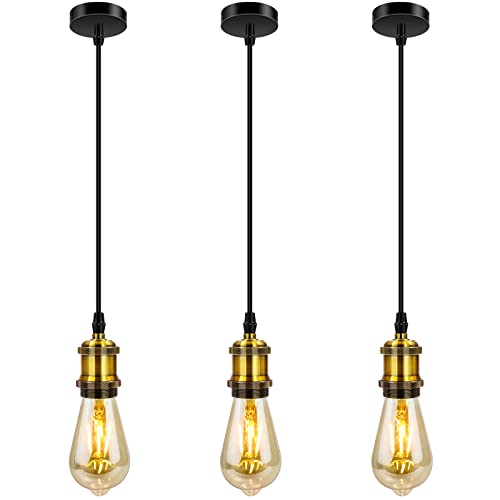 Biqing 3 pièces Industriel Suspension en métal,Vintage Lampe Suspendue Douille de lampe E27 avec Réglable câble Luminaire éclairage au plafond pour Îlot...