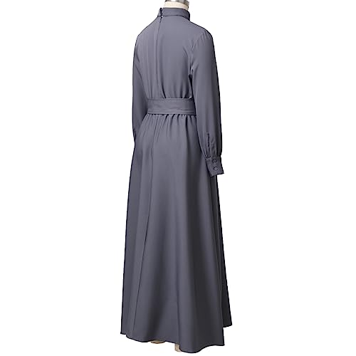 Image of CAMDOM Church Clergy Dress for Women Long Sleeve A Line Elegant Maxi Dress with Tab Insert Stand Collar and BeltA