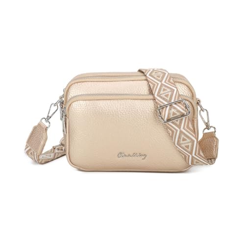 Bolso bandolera mujer pequeño de cuero PU tres compartimentos y dos bandoleras, bolso mensajero para cruzar polipiel regalo original para mujer (Dorado)