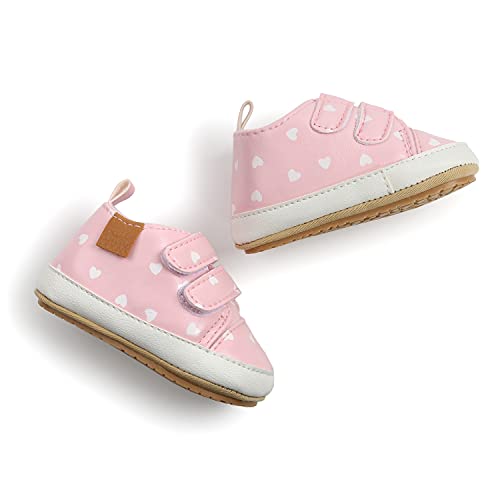Seniuris Baby Boys Girls Shoes Non-Slip Rubber Sole High-Top Pu Leather Sneakers Infant First Walking Shoes Toddler Crib Shoes Newborn Loafers Flats 0-18 Monthes（Pink&White Heart，0-6 Monthes） #TOP6