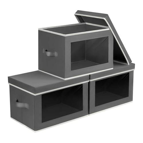 Image of Homsorout Storage Bins with Lids - Small Fabric Organizers with Window, Collapsible Storage Bins for Clothes, Decorative Closet Organizers for Towels, Tshirt, 3 Pack, Dark Grey