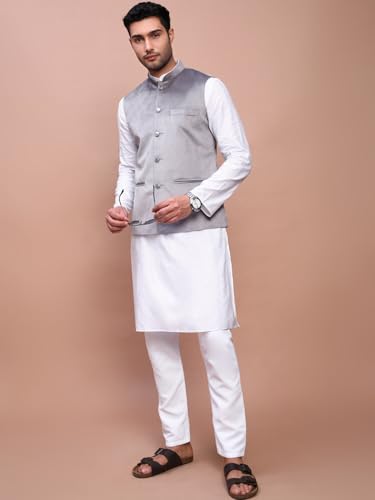 Image of SHOWOFFFF Men Solid Ethnic Nehru Jacket | Mandarin Collar Sleeveless Suede NehruJacket for Mens | Slim Fit Regular Length NehruJackets for Men's