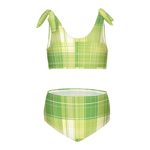 KLL Green Plaid Girls' Two Piece Bikini Set Scoop Neck Swimsuit Swimwear Adjustable Shoulder Strap