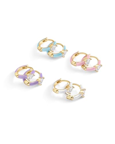 PAVOI 14K Gold Plated Sterling Silver Post Earrings for Women - Colored Enamel Cubic Zirconia Huggie Hoop Earrings - Blue Pink Purple White Jewelry3