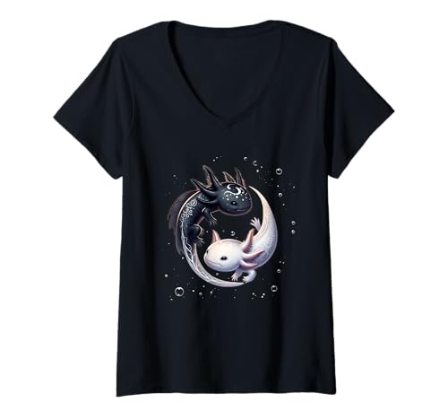Women's Yin Yang Axolotls Japanese Graphic Anime Art Axolotl Lover V-Neck T-Shirt