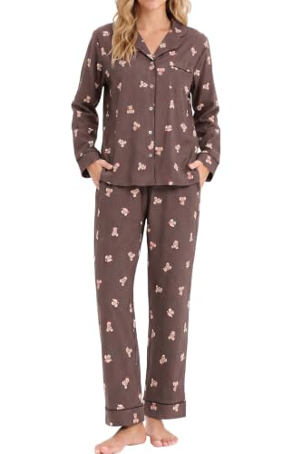 Image of LUBOT Christmas Pajamas for Women 100% Cotton Pajama 2 Piece PJ Set Soft Long Sleeve Button Xmas Print Loungewear XS-XXL