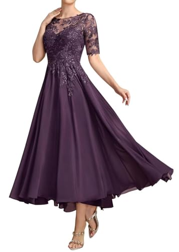 Tea Length Mother of The Bride Dresses for Wedding Chiffon Lace Applique Formal Evening Party Gown with Sleeves MK503
