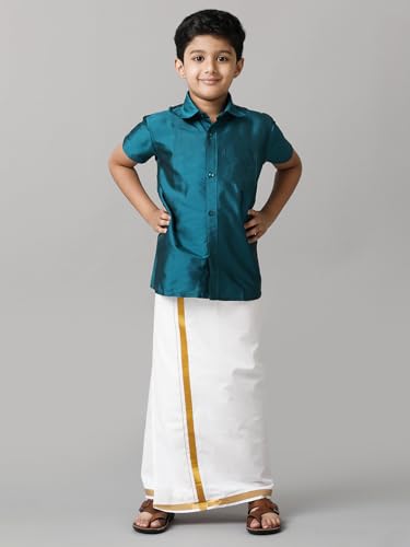 Image of RAMRAJ COTTON Boys Silk Cotton Shirt With Adjustable Cream Dhoti Perfect For Ceremonies| Festivals| And Special Occasions