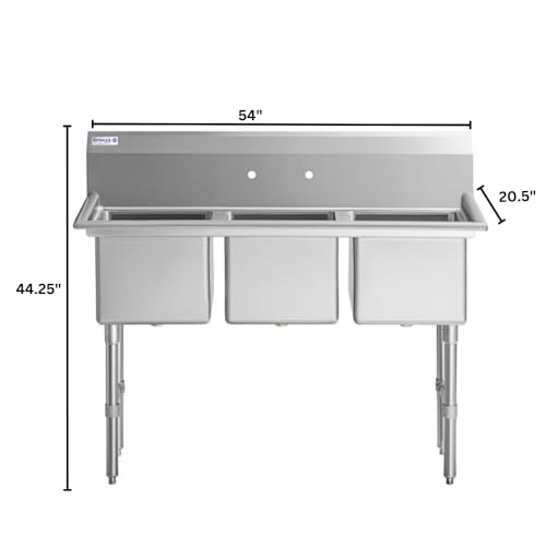 Image of Empura 54 inch Wide Stainless Steel Three Compartment Commercial Sink | Prep Utility 15 inch x 15 inch Bowl for Restaurant Laundry | 3.5 inch Drain Basket, 9.75 inch Backsplash, 54 inchW x 20.5 inchD x 44.25 inchH, 16 Gauge, NSF