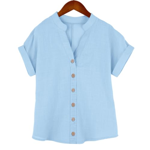 Linen Shirts for Girls 2025 Summer Trendy Short Sleeve Casual Button V Neck Tunic Blouses Kids Lightweight3