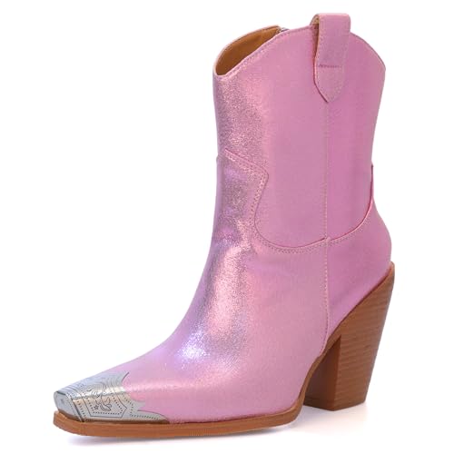 Image of Cowboy Ankle Boots for Women Engraved Steel Toe Cowgirl Boots Stacked Block Heels Short Cowboy Boot Fashion Dressy Western Country Booties