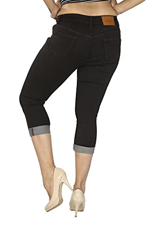 Image of FCK-3 Stretchable Denim Solid Mid Waist Knee Length Button Closure 5 Pocket Capree for Women