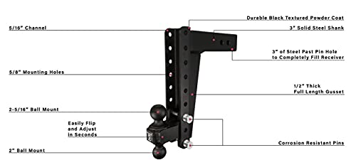 Bulletproof Hitches 3.0" Adjustable Heavy Duty (22,000Lb Rating) 12" Drop/Rise Trailer Hitch With 2" And 2 5/16" Dual Ball (Black Textured Powder Coat, Solid Steel) #TOP3
