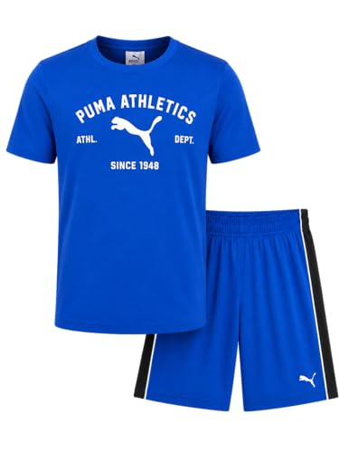 Image of PUMA Boys Short Set - 2 Piece Short Sleeve Crewneck Performance Graphic Tees and Athletic Mesh Shorts for Boys (Sizes: 4-16)