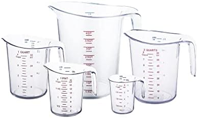 Caspian Plastic Measuring Cups Set (5 Pieces), Clear, 1 cup, 2cups, 4cups, 8 cups, 4QT size