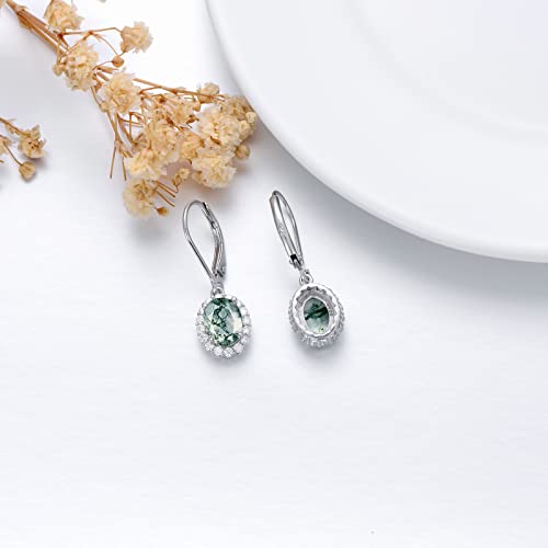 Platyco Natural Moss Agate Earrings 925 Sterling Silver Moss Agate Earrings Dangle With Moissanite Halo Moss Agate Earrings Drop Hypoallergenic Earrings Gift For Women #TOP2