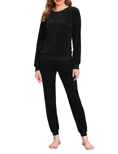 Wayleb Conjunto Chándal Terciopelo Mujer Cálido Pijama Invierno Manga Larga Cuello Redondo Ropa de Dormir Casa Térmica Casual Cómodo