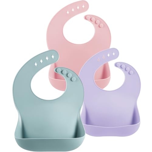 PandaEar 3 Pack Silicone Bibs for Babies Toddlers Girls, Adjustable Fit BPA Free Waterproof Bibs with Pocket Food Catcher (Blue/Pink/Purple)