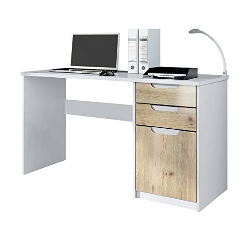 Vladon Escritorio Logan, Mesa Oficina con 2 Cajones y 1 Puerta, Blanco Mate/Roble nórdico (129 x 76 x 60 cm)