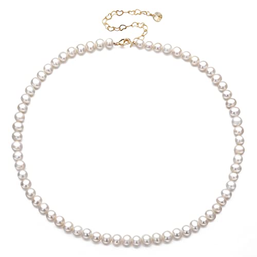 XYJZXY Pearl Necklace with Golden Charm, 18-Inch Adjustable Chain, 5-6mm White Pearls, Women Pearl Choker Necklace, Handmade Jewelry