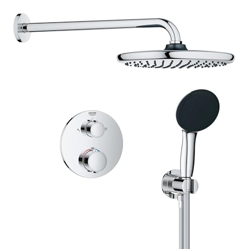 GROHE Precision 250, Unterputz Duschsystem (25cm Regendusche mit Thermostat, Kopfbrause 1 Strahlart, Duschkopf 2 Strahlarten, Komplettset, 1,50m Duschschlauch), rund, chrom, 34883000