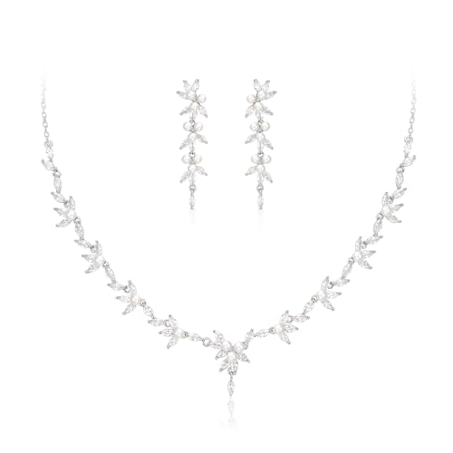 Image of White Faux Pearl Leaf Vine Bridal Cubic Zirconia Jewelry Set for Women