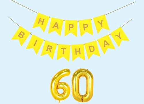 Image of 60th Happy Birthday Decoration Kit Yellow for 60 year Old Women with Number Sixty Party Decorations Decor Celebration Items Item Set Combo Reusable Paper Banner