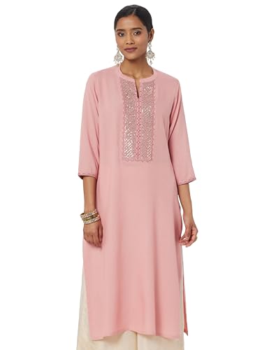 Image of Soch Womens Peach Rayon Mandarin Collar Kurta with Sequins