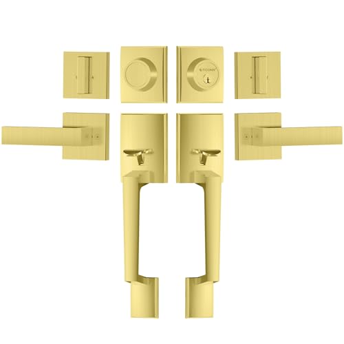 Image of TICONN Double Front Door Handle Set, Heavy Duty Square Door Lever and Single Cylinder Deadbolt Combo for Side by Side Entrance Exterior Doors (Satin Brass)