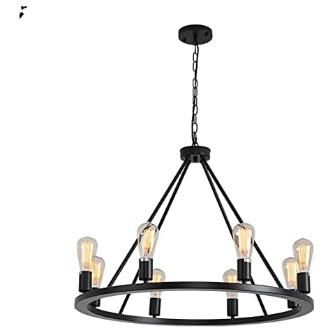 YHQSYKS Amerikanische Industrielle Metall Pendelleuchte Schwarz Bauernhaus Wagon Wheel Kronleuchter 8-Licht Rustikale Hängende Deckenleuchte Cover