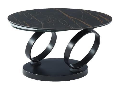 Vente-unique - Table Basse avec Plateaux pivotants Joline - Céramique et Verre trempé - Effet marbre Noir