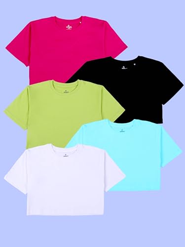 Image of KiddoPanti Girls 100% Cotton Solid Drop Shoulder Half Sleeve Round Neck Crop Tee
