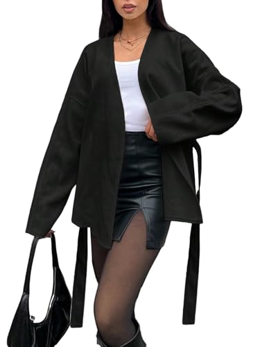 GORGLITTER Wintermantel Damen Elegant Kurz Mantel Mit Gürtel Fleecemantel Strickmantel Wintermode Herbstmantel Kurzmantel Old Money Style Schwarz L